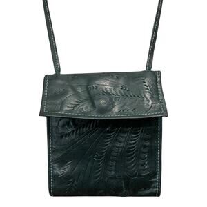 J.L. SALDIVAR Tooled Leather Purse Trifold Crossbody Boho Western Blue